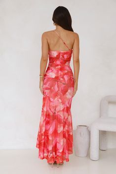 Length from shoulder to hem of size S: 145cm. Chest: 32cm, Waist: 29cm, across front only of size S. Maxi dress. Pink and orange print. Lined. Model is a standard XS and is wearing size XS. Stretch. Mesh. One shoulder strap. Gathered bodice. Longer back hem. Zipper. Cold hand wash only. Print placement may vary. Polyester/Spandex. Channel your inner confidence and shine in the Totally Fabulous One Shoulder Mesh Maxi Dress. Featuring a gathered bodice that'll elevate your look and a longer back hem for extra class. Style with heels for a fancy event. Fancy Event, Inner Confidence, Gathered Bodice, Mesh Maxi Dress, Orange Print, Cold Hands, Print Placement, Dress Pink, Printed Maxi Dress