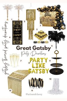 a collage of black and gold party decorations