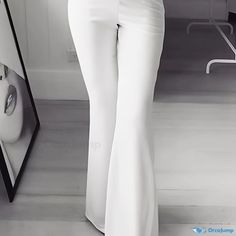 Orcajump - Plus Size Casual Pants, Women's Plus Solid Elastic High Rise Slight Stretch Flared Leg Trousers Chic Solid Color Pants For Party, Chic Party Pants In Solid Color, Chic Solid Color Party Pants, Chic Flare Bottoms In Solid Color, Full-length Dress Pants For Party, Non-stretch Wide Leg Dress Pants For Party, High Waist Solid Color Party Pants, High Waist Non-stretch Dress Pants For Party, Party High-waisted Solid Color Pants