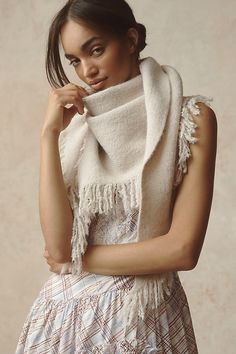 It’s a wrap – Shay is THE scarf for elevated outfitting. Offered in a so-soft knit and complete with fringe trim. | The Shay Triangle Fringe Scarf Wrap by Anthropologie in Beige, Women's, Polyester/Elastane Shawl Photoshoot, Varsity Sweater, Knitted Shawl, Anthropologie Uk, Bandana Scarf, Fringe Scarf, Scarf Gift, Shawl Wrap, Dress Gift