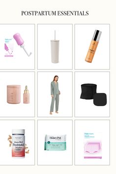 an image of the contents of a postpartum essentials product page on a white background