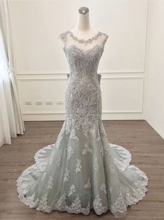 Fitted Gray Dresses With Sweep Train, Fitted Gray Dress With Sweep Train, Gray Fitted Dress With Sweep Train, Fitted Gray Evening Dress For Wedding, Gray Fitted Evening Dress For Wedding, Fitted Gray Wedding Dresses, Fitted Gray Evening Dress With Sweep Train, Fitted Gray Prom Gown, Prom Dress Silver