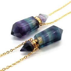 This exquisite Gemstone Potion Bottle Necklace is a stunning fusion of natural gemstones and enchanting design. Each necklace is a mini-vial that can be filled with any kind of liquid. Bring your choice of essential or perfume oil wherever you go, or you could even fill it with glow-in-the-dark phosphorescent fluid for a magical touch. Choose the crystals that help bring the energies you want in your life! Amethyst: Enhances intuition, promotes calmness, and aids in spiritual growth and protecti Mystical Gemstone Crystal Necklace, Crystal Bottle Necklace, Potion Bottle Necklace, Spell Bottle Necklaces, Glass Vial Necklace, Crystal Vial Necklace, Pendants Necklace, Bottle Necklace, Perfume Oil