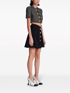 Balmain Pleated A-line Miniskirt - Farfetch Fitted Skirt With Gold Buttons, Chic Fitted Skirt With Gold Buttons, Chic Skirt With Gold Buttons For Work, Chic Mini Skirt With Button Zip Fly, Chic Formal Bottoms With Gold Buttons, Formal Mini Skirt With Button Closure, Formal Fitted Bottoms With Gold Buttons, Formal Buttoned Mini Skirt, Formal Mini Skirt With Buttons