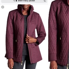 Brand New With Tags. Light Weight. Water Repellent. Hidden Hood. Gold Hardware. Fully Lined. 100% Polyester. Quilting Shapes, Hidden Hood, Chevron Quilt, Ellen Tracy, Detachable Hood, Utility Jacket, Quilted Jacket, Blackberry, Stand Collar