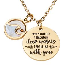 PRICES MAY VARY. 🌊 Stylish and Meaningful: This gold-plated stainless steel necklace features two captivating charms—a transparent circle with a genuine mustard seed in resin and a wave charm with mother of pearl. 💖 Inspirational Message: The second charm beautifully expresses, "When you go through deep waters, I will be with you." A powerful reminder of strength and support during challenging times. 🌟 Eye-catching Design: The wave charm measures 0.5 inches, adding a touch of elegance, while Mother's Day Round Metal Charm Necklaces, Meaningful Gold Necklaces With Charms, Gold Circle Stainless Steel Necklace, Gold Circle Charm Necklace For Gift, Rose Gold Stainless Steel Charm Necklace With Round Pendant, Inspirational Gold-toned Stainless Steel Jewelry, Rose Gold Stainless Steel Round Pendant Charm Necklace, Stainless Steel Circle Jewelry For Gifts, Circular Stainless Steel Jewelry Gift