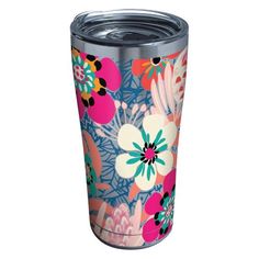 a colorful floral tumbler is shown on a white background