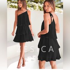 Color: Black Product Details Fabric Type One Hundred Percent Polyester Care Instructions Machine Wash Origin Imported Closure Type Tie About This Item Small/Us 4-6, Medium/Us 8-10, Large/Us 12-14, X- Large/Us 16-18. All The Colors Are Lined. Charming And Elegant. Boho Beach Dress Features Spaghetti Straps, Straight Neck, Elastic High Waist, Solid Color, Cute Ruffle Tiered Skirt, Sexy Backless Style, With Above Knee Length, The Chic One Shoulder Design Better To Show Your Beautiful Shoulders And Black Sleeveless Chiffon Mini Dress, Flowy Sleeveless Chiffon Dress With Ruffle Hem, Sleeveless Ruffled Chiffon Dress For Vacation, Summer Evening Tiered Chiffon Dress, Tiered Chiffon Evening Dress For Summer, Flowy Sleeveless Chiffon Cocktail Dress, Chic Tiered Sleeveless Dress For Vacation, Sleeveless Chiffon Party Dress With Ruffles, Sleeveless Chiffon Dress With Ruffles For Party