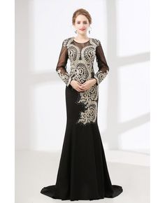 Shop Petite Black Long Sleeved Formal Dress With Applique Lace Bodice online. Custom-made any plus size or color. Pro since 2009. Black Fantasy Dress, Edward Arsouni, Black Mermaid Prom Dress, Beaded Bridesmaid Dress, Fitted Prom Dresses, Black Evening Gown, Long Sleeve Evening Gowns, Prom Dresses 2018, Black Mermaid