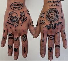 two hands with different tattoos on them