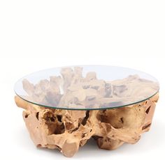 a glass and wood coffee table on a white background with no one around it or someone else