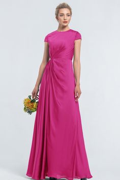 Modest Hot Pink Satin Bridesmaid Dresses Pink Satin Bridesmaid Dresses, Fuchsia Bridesmaid Dresses, Hot Pink Bridesmaid Dresses, Pink Formal Gown, Hot Pink Bridesmaids, Gathered Fabric, Bridesmaid Dresses With Sleeves, Pink Bridesmaid Dress, Contemporary Elements