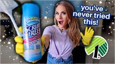 a woman holding up a spray bottle with the words scrub free on it and an image of a spongebob