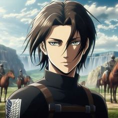 an anime character with brown hair and blue eyes standing in front of horses, looking at the camera