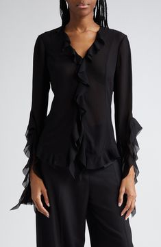 Elegant V-neck Tops With Sheer Sleeves, Chiffon V-neck Blouse For Parties, Formal V-neck Blouse With Ruffles, Elegant V-neck Ruffled Blouse, Elegant Chiffon V-neck Tops, V-neck Ruffle Blouse For Night Out, Sheer Silk Chiffon Top For Evening, Fitted Long Sleeve Silk Chiffon Top, Long Sleeve Silk Chiffon Tops For Party