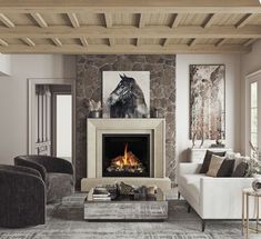 a living room with couches, chairs and a fire place in the fireplace area