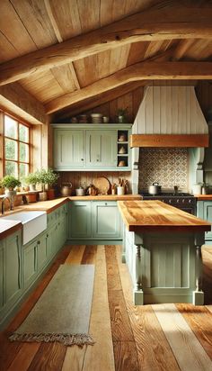 a kitchen with wooden floors and green cabinets