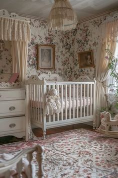 a white crib in a room with floral wallpaper