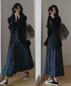 Casual Midi Skirt Outfit Winter, Aesthetic Modest Summer Outfits, Long Patterned Skirt, Long Skirt Design, Manset Lengan, Big Size Outfit, Rok Outfit, Stile Hijab, Modesty Outfits