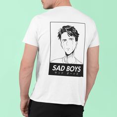 Sad Boys Club Shirt, Anime Aesthetic Sweatshirt, Goth Hoodie, Gothic, Sad, Anime Streetwear, Japanese Shirt, Anime Gift, Naota Sad Boys This classic unisex jersey short sleeve tee fits like a well-loved favorite. Soft cotton and quality print make users fall in love with it over and over again. These t-shirts have-ribbed knit collars to bolster shaping. The shoulders have taping for better fit over time. Dual side seams hold the garment's shape for longer. \n.: 100% Airlume combed and ringspun c Alternative Anime Print Tops For Streetwear, Emo Crew Neck Top With Anime Print, Emo Anime Print Crew Neck Top, Emo Anime Print Tops For Streetwear, White Emo Streetwear Tops, White Emo Style Top For Streetwear, White Emo Top For Streetwear, White Grunge T-shirt With Anime Print, White Grunge Anime Print T-shirt