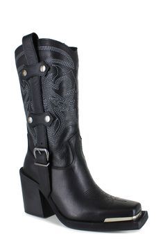 A snipped toe boasting a gleaming hardware plate refreshes the classically Western design of a water-resistant cowboy boot detailed with bold topstitching and buckled side straps. 3 1/2" heel; 1" platform 12 1/2" shaft; 11 1/2" calf circumference. Narrow calf Pull-on style Leather upper, lining and sole Made in Italy Western Moto Boots With Stacked Heel And Square Toe, Black Boots With Reinforced Heel, Western Mid-calf Boots With Square Toe And Reinforced Heel, Western Moto Boots With Medium Width, Black Western Mid-calf Boots With Square Toe, Western Style Black Mid-calf Boots With Square Toe, Black Leather Mid-calf Boots For Western-themed Events, Black Leather Mid-calf Boots For Western Events, Western Moto Boots With Square Toe And Reinforced Heel