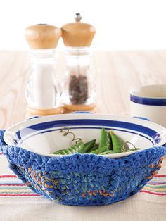 a blue and white bowl sitting on top of a table next to two salt shakers