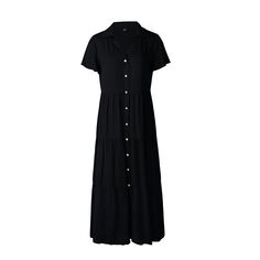 Black Button Short Sleeve Shirt Swing Dress Casual Button-up Maxi Dress With Button Closure, Casual Buttoned Maxi Dress For Work, Black Short Sleeve Shirt Dress With Buttons, Short Sleeve Maxi Dress With Buttons For Workwear, Solid Button-up Maxi Dress For Daywear, Black Midi Dress With Buttons And Short Sleeves, Casual Black Dress With Placket, Casual Button-up Maxi Dress With Button Cuffs, Casual Collared Maxi Dress With Button Closure