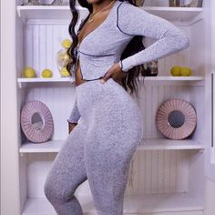 2 Piece Leggings Set With Front Tie Top Versatile Fitted Gray Activewear, Spring Gray Activewear For Gym, Gray Spring Activewear For Gym, Trendy Gray Activewear For Gym, Gray Long Sleeve Activewear For Spring, Spring Gray Athleisure Activewear, Gray Spring Athleisure Activewear, Fitted Gray Activewear For Loungewear, Trendy Gray Activewear For Workout