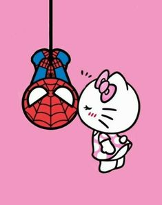 hello kitty and spider - man kissing in front of a pink background