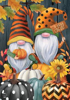 two gnomes sitting next to each other with pumpkins and sunflowers around them