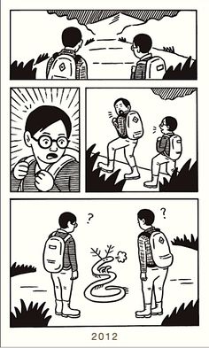 a comic strip with an image of two people talking and one is holding a backpack