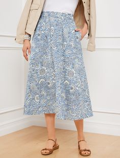 Our must-have fit & flare skirt in cool, crisp cotton poplin with a pretty herb vines print. Drapes beautifully with a comfortable elastic waist and on-seam pockets. Effortless pull-on styling. Features Full Hits Below KneePull on closureOn-seam pocketsImported Fit: Misses: 31"; Petite: 28"; Plus: 31"; Plus Petite: 28" Material: 100% Cotton Care: Machine Wash Cold; Only Non-Chlorine Bleach When Needed; Tumble Dry Low; Warm Iron, If Needed | Poplin Fit & Flare Skirt - Herbaceous Vines - 100% Cotton Talbots Skirts Outfits, Fit And Flare Skirt, Classic Style Women, Blue Hydrangea, Skirt Outfits, Flare Skirt, Cotton Poplin, Fit & Flare, Modern Classic