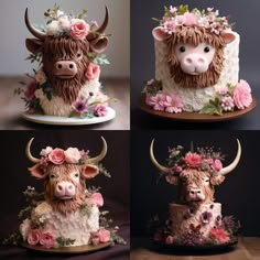 three pictures of cows with flowers on their heads