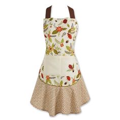 a woman's apron with flowers and leaves on it