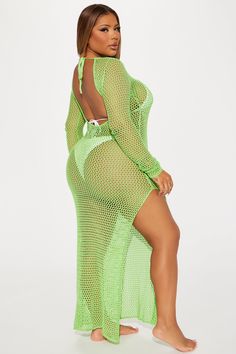 Available In Green. Swim Cover Up Dress Crew Neck Long Sleeve Maxi Length Bodycon Sheer Knit Crochet Full Stretch Final Sale 100% Cotton Imported | Yvette Cover Up Maxi Dress in Green size Small by Fashion Nova