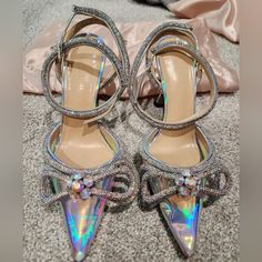 Mach & Mach Victoria Double Bow Heels Size 35.5 Gently Used. No Box. Comes With Dust Bags Iridescent Heels, Double Bow, Bow Heels, Shoes Women Heels, Dust Bag, Shoes Heels, Women Shoes, Heels, Silver