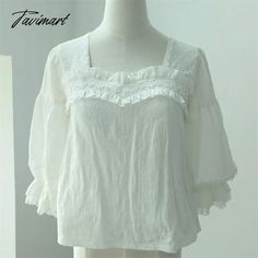 Tavimart Vintage Kawaii Lolita Shirt Square Neck Half Sleeve Retro Feminine Shirts Summer Yellow Green White Lolitas Top 2xl White Ruffled Kawaii Top, Summer Kawaii Blouse, Summer Short Sleeve Boho Tops, Low Waisted Pants, Harajuku Grunge, Vintage Kawaii, Feminine Shirts, Cargo Pants Streetwear, Grunge Baggy