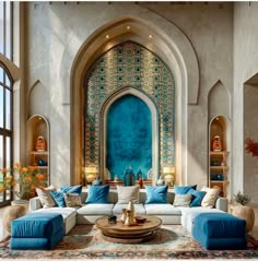 a living room filled with blue and white furniture