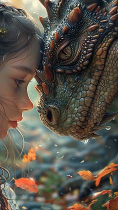 a girl and a dragon face each other