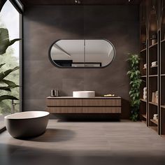 a bathroom with a large round mirror above the sink and a bathtub next to it