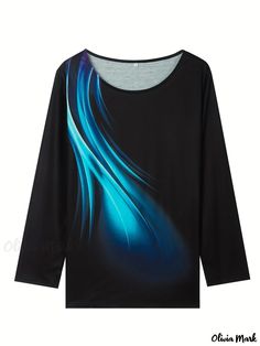 Olivia Mark - Plus Size Casual T-shirt, Women's Plus Ombre Striped Print Long Sleeve Round Neck Slight Stretch T-shirt Blue Long Sleeve Top With Sublimation Print, Casual T Shirt, T Shirt Women, Plus Size Casual, Top Pattern, Olivia Mark, Stripe Print, Casual T Shirts, Types Of Printing