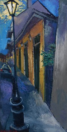 an oil painting of a street light on the side of a building at night time