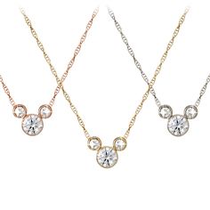 Mickey's sparkling personality is elegantly captured in this Mickey Mouse Necklace that features three premium diamonds. The 18 karat gold setting is available in different colors and dangles from a fine gold chain. Mickey Mouse Jewelry, Mouse Necklace, Mickey Mouse Necklace, Diamond Icon, Disney Belle, Gold Rope Chains, Disney Jewelry, Disney Merchandise, Sea Glass Jewelry