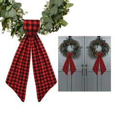 two christmas wreaths with red and black plaid bows