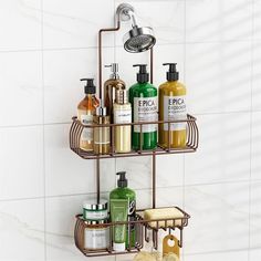 three tiered shower caddy with soap, shampoo and lotion