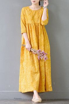 Summer Flower Yellow Casual Cotton Dresses 3/4 Sleeve Outfits Casual Cotton Dress, Projek Menjahit, Vacation Maxi Dress, Flower Yellow, Cotton Linen Dresses, Half Sleeve Dresses, Sleeve Women, Women Clothes, Sleeves (women)