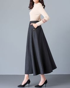 * A high-end long wool skirt with wide hem, very cool. * Made of wool blends, fully lined and with two side pockets. * Fixed waist on front, partial elastic waist on back and side invisible zipper. * Can custom make waist size and skirt length. * Material: Outer-50% wool, 50% polyester; lining-100% polyester * Washing instructions: Dry Clean Only * Size: True to US size, US 0-US 20 are available, you can let us know your usual size and height in your order. * Shipping: Free shipping Processing t Brown Wide Leg Winter Skirt, Winter Long Skirt With Pockets, Long Skirt With Pockets For Winter, Winter Bottoms With Pockets, Long Skirt Style, Winter Flared Skirt With Pockets, Winter Full Skirt Bottoms With Pockets, Brown Maxi Skirt For Workwear And Fall Season, Brown Relaxed Maxi Skirt For Winter, Brown Maxi Skirt For Workwear In Fall