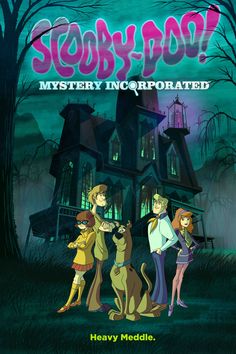 the poster for scooby - boo mystery incorporated, featuring three people and a dog