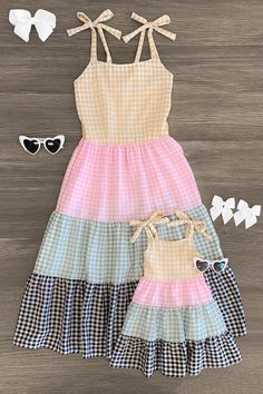 Summer Gingham Tiered Dress, Gingham Tiered Dress For Picnic, Tiered Gingham Dresses For Summer, Summer Tiered Gingham Dress, Plaid Cotton Tiered Dress, Simple Dresses To Sew, Picnic Gingham Sundress With Ruffles, Playful Multicolor Dress For Picnic, Summer Gingham Patchwork Dress