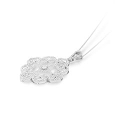 This detailed filigree pendant, resembles feminine strength. Elegant and classic, this filigree pendant is set in 14K white gold, and features a round cut white diamond, that is placed in the center of the diamond lined, swirly, filigree design. The pendant hangs from a white gold chain and is attached by an embellished bail at the top of the pendant. This pendant is sure to be adored by all who see it and makes for a beautiful gift.
We are happy to answer any of your questions! Contact us! Elegant Oval Pendant Diamond Necklace With Single Cut Diamonds, White Gold Necklace With Large Pendant For Anniversary, Elegant Oval Filigree Necklace, Elegant Medallion Diamond Necklace As Gift, Timeless Silver Diamond Pendant Necklace, Wedding Necklace With Diamond Accents And Medallion, Wedding Necklace With Diamond Accents, Medallion Shape, Luxury White Gold Necklace With Large Flower Pendant, Wedding Medallion Necklace With Diamond Accents